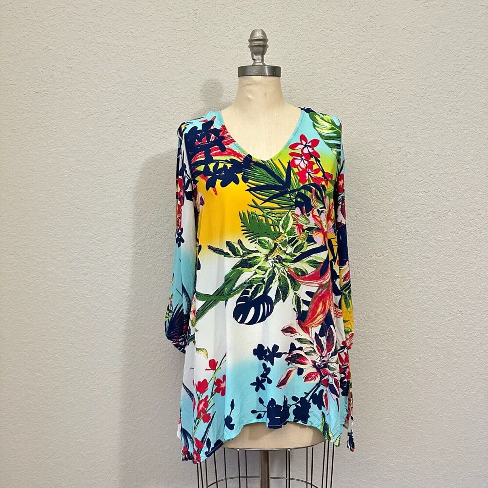 JOHN MARK Washable Silk Tunic Top Multicolor Floral Slit Sleeve Artsy